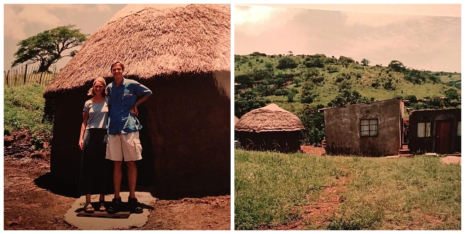 A photo of Dr Hennie Hamilton and his wife Sylvia standing on the stoep of the mud hut he lived when staying with the Nhlekos in 1998.